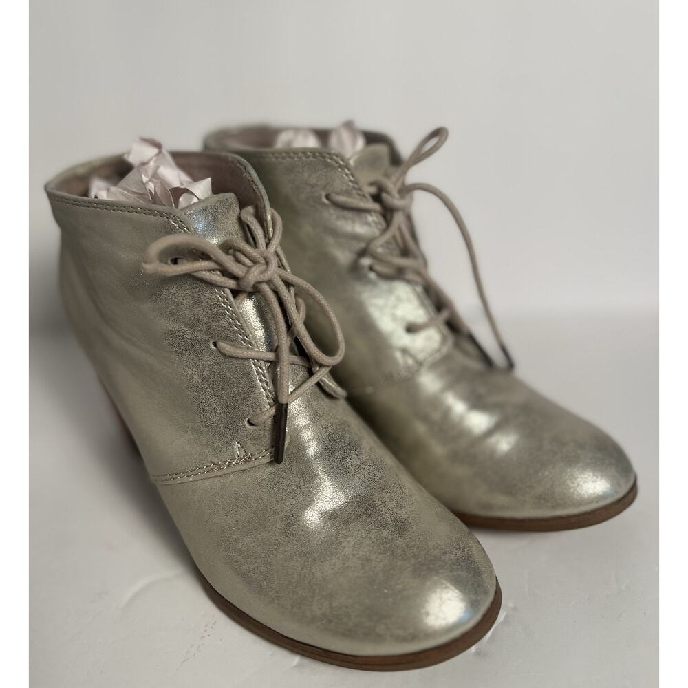 TOMS Lunata Leather Metallic Gold Ankle Booties Sz 7.5 Womens Lace Up Heel